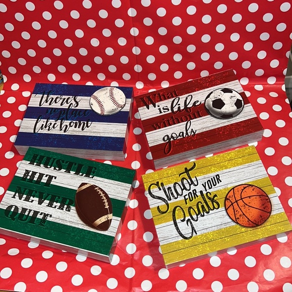 New Set of Four 3D Sports Ball Themed Striped Boxed Shelf Tabletop Decor - Picture 2 of 14